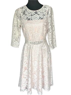 Jessica Howard Ivory Lace Pink Slip V-Neck A-Line Crystal Belt Tie Dress (10P)
